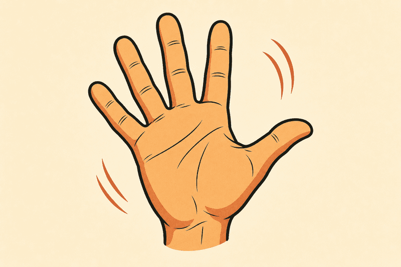 Hand flung up, palm open, fingers spread